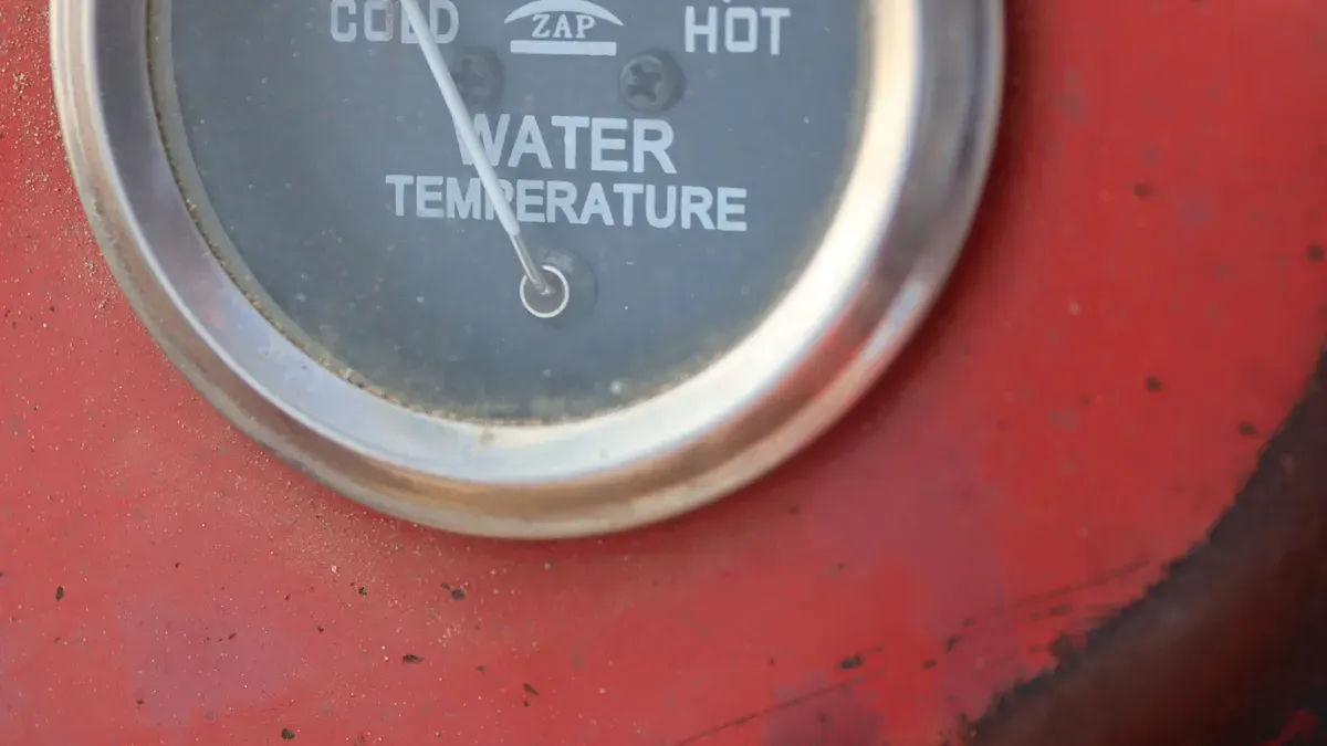 Close-up of a water temperature gauge labeled "COLD" and "HOT" with the needle near the "COLD" mark.