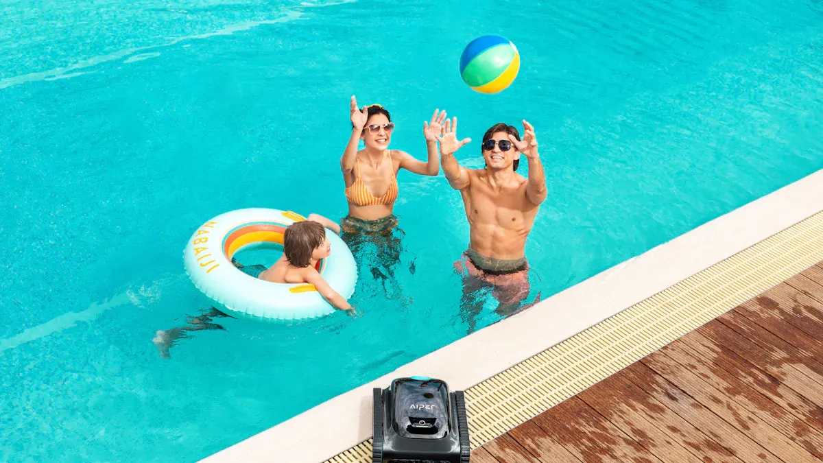 A family plays with a beach ball in a swimming pool, while an Aiper robotic pool cleaner sits on the deck.