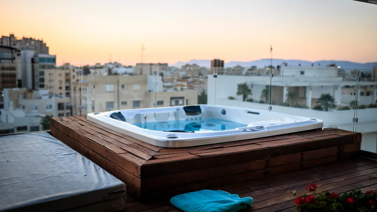 A built-in white hot tub filled with water sits on a wooden rooftop deck, overlooking a city skyline at sunset.